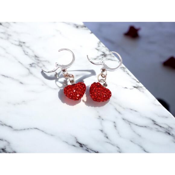 Handcrafted Huggie Hoop Earrings Featuring Red Rhinestone Hearts - Picture 3 of 9